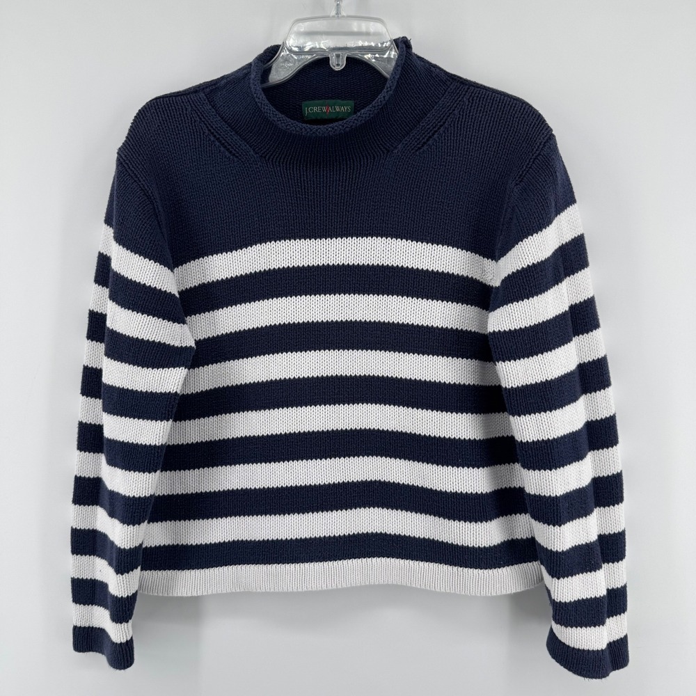 J.Crew Aways Roll Neck Fisherman Large Sweater Oarsmen Navy Blue White Striped